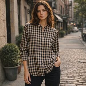 NILI LOTAN Women's Button front Shirt Beige Black Check Medium